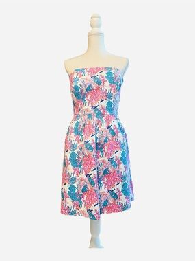 Vineyard Vines Strapless Coral Pattern Dress in White, Pink & Teal Size 8
